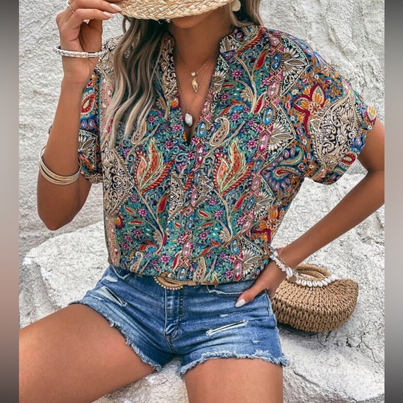 Boho floral paisley print batwing sleeve notched neck blouse - Picture 6 of 6